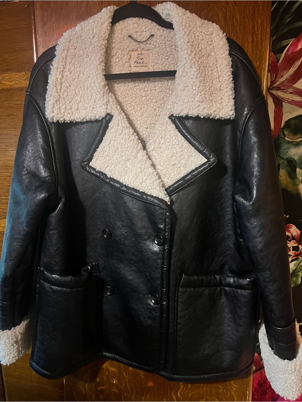 We The Free Black Faux Leather Sherpa Jacket with Cream Lining